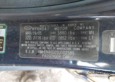 2005 Hyundai Elantra Gls/Gt z USA, uszkodzony, nr VIN KMHDN46D05U102589
